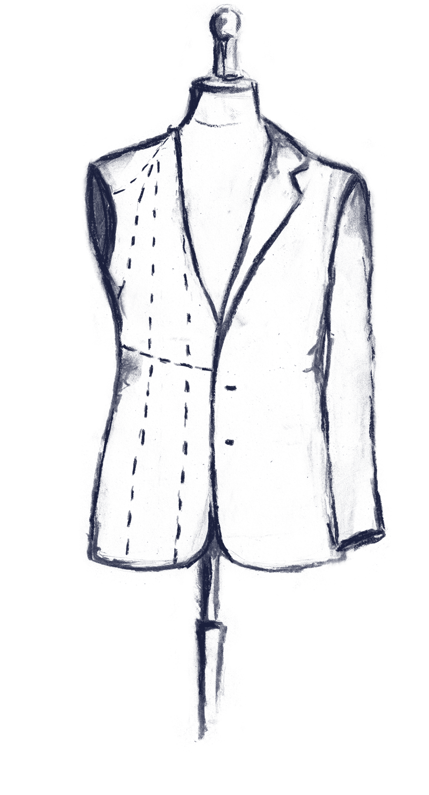 Zeichnung eines Anzugs von vorne. Der Anzug ist noch nicht vollendet. Dunkelblau Silhouette auf weißem Hintergrund, minimalistisch dargestellt.