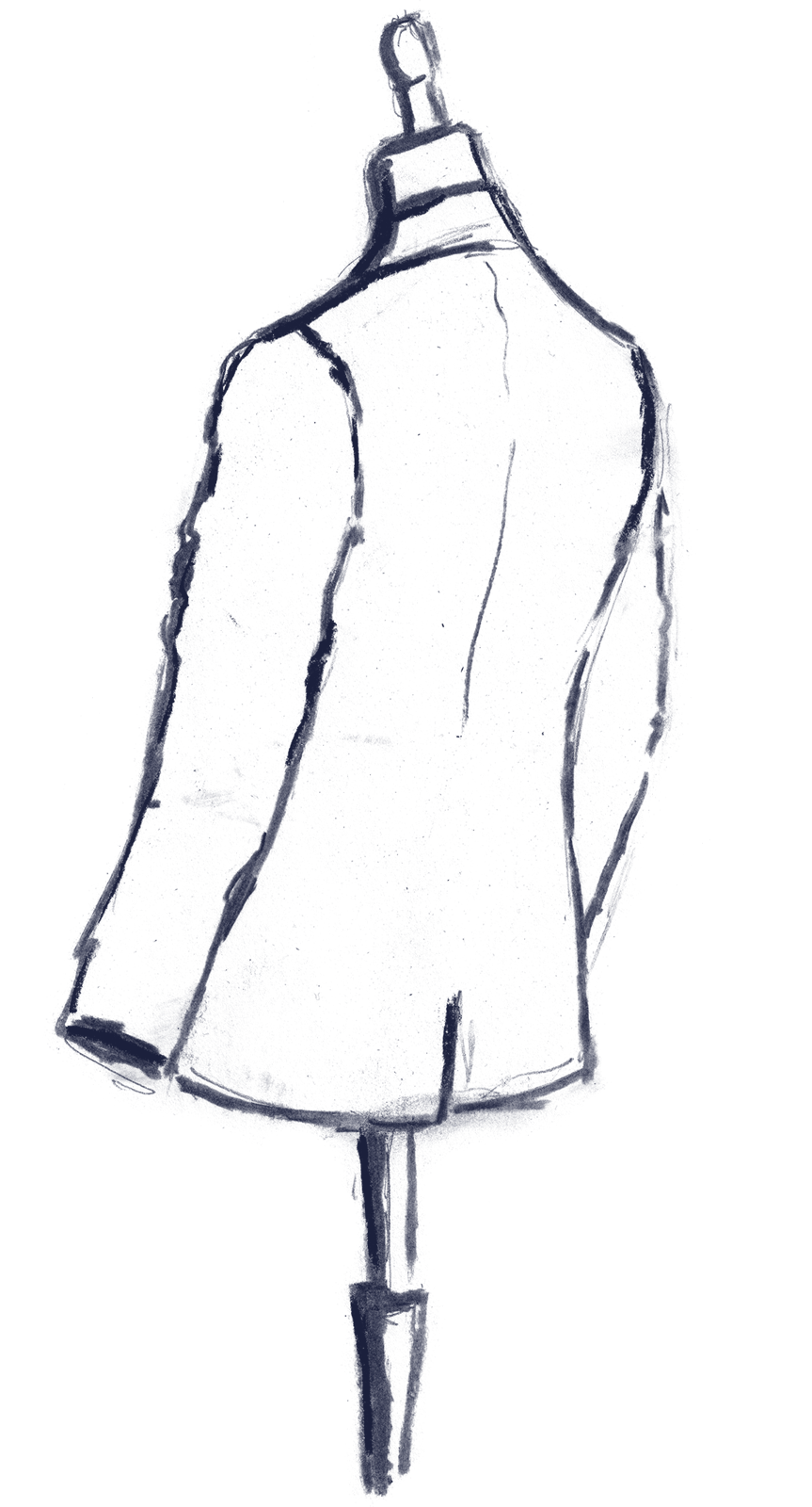 Zeichnung eines Anzugs in Rückansicht mit Blick leicht von links. Dunkelblaue Silhouette auf weißem Hintergrund, minimalistisch dargestellt.